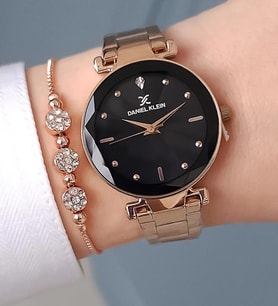 Yeni Model Kesme Camlı Çelik Bilezik Rose Gold Siyah Kadran Kadın Kol Saati + Zirkon Taşlı Bileklik