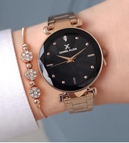 Yeni Model Kesme Camlı Çelik Bilezik Rose Gold Siyah Kadran Kadın Kol Saati + Zirkon Taşlı Bileklik