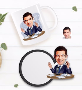 BK Gift Kişiye Özel Erkek Spiker Karikatürlü Beyaz Kupa ve Ahşap Bardak Altlığı Hediye Seti-1