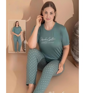 Boyraz Kadın Milan Büyük Beden Bisiklet Yaka Kısa Kol İnce Pijama Takımı 11061 - 1 Adet (Yeşil)