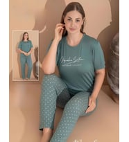 Boyraz Kadın Milan Büyük Beden Bisiklet Yaka Kısa Kol İnce Pijama Takımı 11061 - 1 Adet (Yeşil)