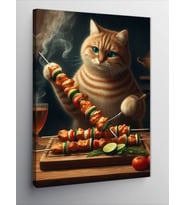 Kanvas Tablo Şiş Kebap Yapan Kedi