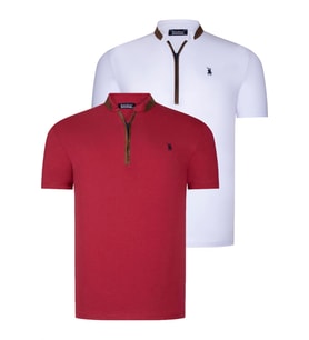 İKİLİ SET T8571 DEWBERRY FERMUARLI ERKEK T-SHIRT-BEYAZ-BORDO (Beyaz - Bordo)