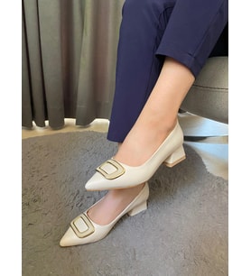 Kadın Pita Krem Deri Tokalı  Stiletto Alcak Ökçe Abiye Ayakkabı