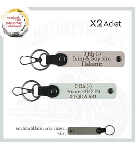 Motor Tutkunlarına Özel, İsim Plaka ve 0 Rh (-) Kan Grubu Yazılı Deri x2 Anahtarlık, Pudra-Beyaz-Gr (Çok Renkli)