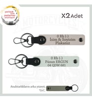 Motor Tutkunlarına Özel, İsim Plaka ve 0 Rh (-) Kan Grubu Yazılı Deri x2 Anahtarlık, Pudra-Beyaz-Gr (Çok Renkli)