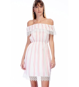 82909462 Şile Bezi Çizgi Desenli Madonna Yaka Güpürlü Elbise EKRU PEMBE (Ekru-Pembe)