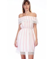 82909462 Şile Bezi Çizgi Desenli Madonna Yaka Güpürlü Elbise EKRU PEMBE (Ekru-Pembe)