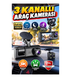 Full HD 3 Kameralı Araç Kamerası – 170° Geniş Açı, Gece Görüşü, Hareket Algılama ve Döngüsel Kayıt