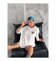 Unisex Bisiklet Yaka Baskılı Oversize T-Shirt - Beyaz