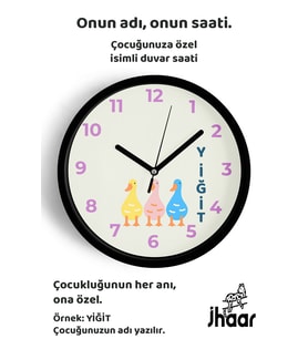 İsme Özel Renkli Su Kuşları Çocuk Odası Duvar Saati Orta Boy 30 cm Siyah Camlı Sessiz