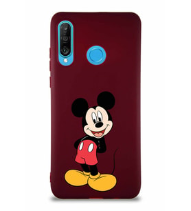 Huawei P30 Lite Soft Premier Kapak Mickey Mouse-B Tasarımlı Silikon Kılıf - Mürdüm (Şeffaf)