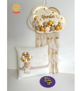 Bubble Ledli Bulut Bebek Kapı Süsü Ve Yastığı Krem, Kahve Gold Toplu
