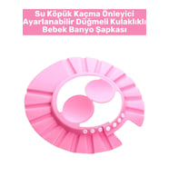 Premium Sağlıklı Malzeme Su Köpük Kaçmaz Ayarlanabilir Düğmeli Kulaklıklı Pembe Bebek Banyo Şapkası