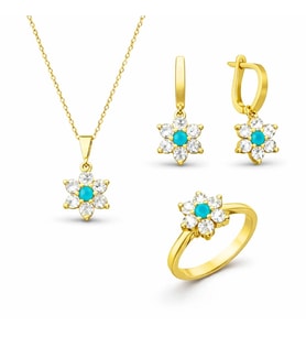 Gümüş Mavi Taşlı Gold Çiçek Kadın Set