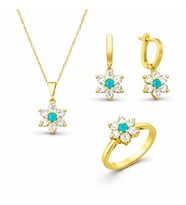 Gümüş Mavi Taşlı Gold Çiçek Kadın Set