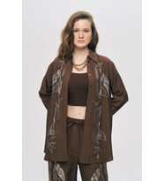 Kadın Oriental Kuş Ve Çiçek Boncuk İşlemeli Oversize Gömlek (Koyu Kahverengi)