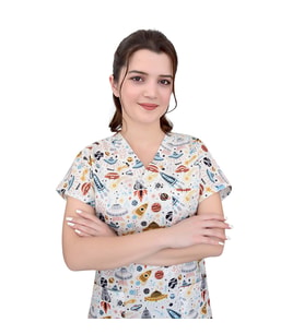 Unisex Beyaz Gezegen Desenli Pamuklu Master Likra Doktor Hemşire Tek Üst Forma