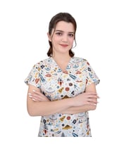 Unisex Beyaz Gezegen Desenli Pamuklu Master Likra Doktor Hemşire Tek Üst Forma