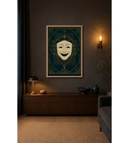 Sahnenin Gülüşü Art Deco Komedi Maskesi Ahşap Çerçeveli Duvar Tablosu