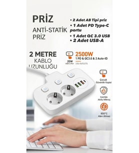 MCG  Akım Korumalı 2500W Güçlü 3 USB + Type-C Portlu Çoklu Priz  Hızlı Şarj, Çocuk Kilidi, 2 METRE