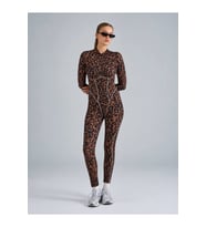 Beyaz Biyeli Leopar Desen Sculpt Line Uzun Kollu Spor Tayt Tulum