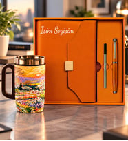 Kişiye Özel Deri Ajanda & Kalem & Gün Batımı Matara Mug Termos Öğretmene Hediye