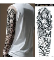 Kolu Kaplayan Büyük Boy Geçici Dövme - Ağlayan Rahibe ve Mum Figürlü Su Geçirmez Tattoo Sticker
