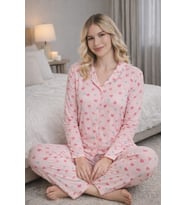 Kadın 2043-7 Önü Düğmeli Uzun Kol Bambu Pijama Takımı