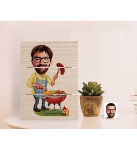 BK Gift Kişiye Özel Erkek Mangalcı Karikatürlü Otantik Masaüstü Ahşap Palet Çerçeve-1 (Beyaz)