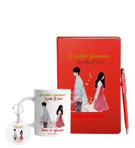 Sevgililer Gününe Özel Kırmızı Defter Kalem Kupa & Süblimasyon Anahtarlık Hediye Seti 27