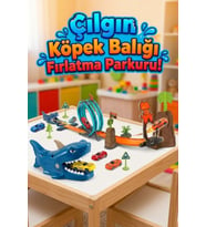 Çılgın Köpek Balığı Fırlatma Parkuru - 3 Arabalı 360 Derece Takla Atan Yarış Pisti Seti (32 Parça)