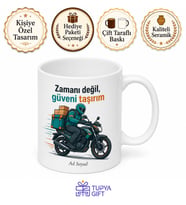 Kuryeye Hediye Paket Taşıma Motosiklet Teslimat Süresi Temalı Baskılı Porselen Kupa Bardak