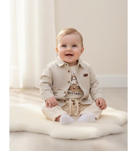 Pilot Tavşan Baskılı Müslin Kumaş Bebek Erkek Üçlü Takım Set Babyhola (Ekru)