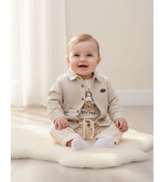 Pilot Tavşan Baskılı Müslin Kumaş Bebek Erkek Üçlü Takım Set Babyhola (Ekru)