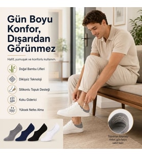 Giyim Erkek Bambu 4’lü Babet Çorap Görünmez No Show Dikişsiz Silikon Topuklu