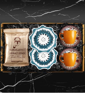 İkili Turuncu Desenli Fincan Takımı & Handmade İkili Makrome Bardak Altlığı & Türk Kahvesi
