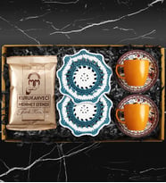 İkili Turuncu Desenli Fincan Takımı & Handmade İkili Makrome Bardak Altlığı & Türk Kahvesi