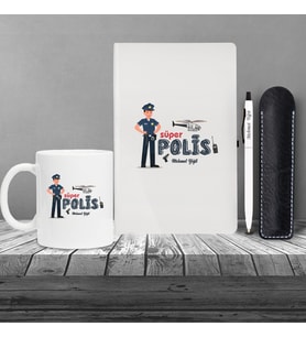 Kişiye Özel Polis Temalı Beyaz Defter & Metal Beyaz Tükenmez Kalem ve Kupa Seti