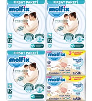 Molfix Premium Bebek Bezi Beden:2 (3-6KG) Mini 210 Adet Aylık Ultra Fırsat Pk + 6 Adet Islak Mendil