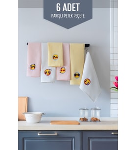 Emojili Desen 40x60 %100 Pamuk 6'lı Nakışlı Mutfak Havlusu Kurulama Bezi