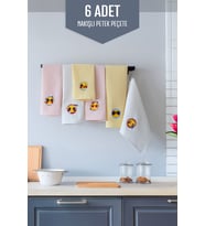 Emojili Desen 40x60 %100 Pamuk 6'lı Nakışlı Mutfak Havlusu Kurulama Bezi