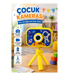 Şarjlı Çocuk Dijital Kamera Ön ve Arka Kameralı HD Fotoğraf Video Çekim Kamerası Mini Tripodlu