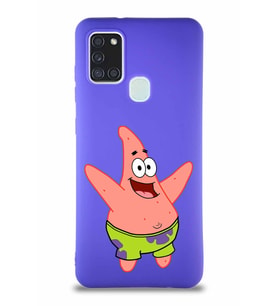 Samsung Galaxy A21S Soft Premier Kapak Patrick Yıldız Tasarımlı Silikon Kılıf - Mor (Şeffaf)
