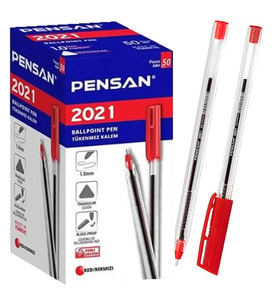 Pensan 2021 Üçgen Şeffaf Gövdeli Tükenmez Kalem Kırmızı 50'li Kutu 