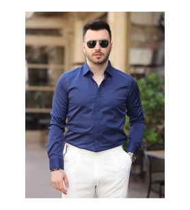 Süper Slim Fit (Dar Kalıp ) Gizli Düğmeli Pamuk Saten Gömlek (Lacivert)