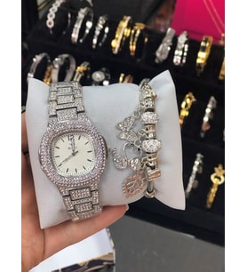 Swarovski Taşlı Çelik Kol Saati ve  bileklik lüks hediye seti sevgiliye hediye
