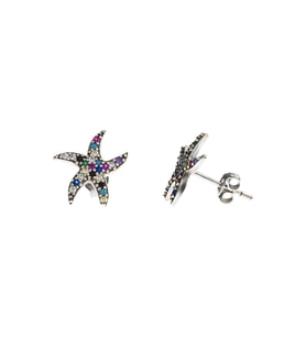 Multicolor Zirkon Taşlı Deniz Yıldızı Tasarım 925 Ayar Gümüş Kadın Küpe (Üç Renkli Mavi)