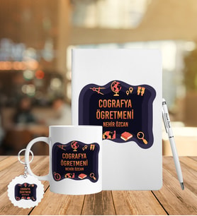 Coğrafya Öğretmeni Tasarımlı Deri Defter Kalem Kupa Ve Anahtarlık Seti (Model 1)