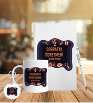 Coğrafya Öğretmeni Tasarımlı Deri Defter Kalem Kupa Ve Anahtarlık Seti (Model 1)